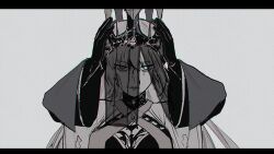  0onamae 1girl black_gloves blue_eyes crown fate/grand_order fate_(series) gloves hair_between_eyes long_hair looking_at_viewer morgan_le_fay_(fate) morgan_le_fay_(queen_of_winter)_(fate) ponytail simple_background solo veil very_long_hair 