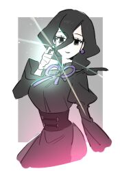  1girl black_corset black_dress black_eyes black_hair breasts closed_mouth corset dress earrings hair_between_eyes hex_maniac_(pokemon) hex_maniac_(pokemon_legends:_z-a) jewelry juliet_sleeves long_hair long_sleeves looking_at_viewer neck_ribbon pokemon pokemon_legends:_z-a puffy_sleeves purple_ribbon raine_(acke2445) ribbon simple_background smile solo 
