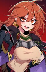  1girl armor black_headband blush breasts commentary commission english_commentary fang hand_on_own_hip headband highres j.k. jewelry lina_inverse long_hair looking_at_viewer open_mouth orange_eyes orange_hair pauldrons pointing pointing_at_viewer red_background shoulder_armor simple_background slayers smile solo teeth 