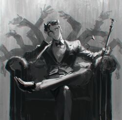  1boy armchair chair commentary crossed_legs demon_boy demon_horns demon_tail extra_arms greyscale highres holding horns jacket looking_at_viewer male_focus monochrome original pants parted_lips shoes short_hair siiar_(lvlcmxcix) sitting solid_eyes solo tail white_eyes 