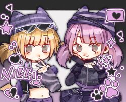  ! 2girls :3 absurdres animal_ear_headwear animal_ears arm_belt bare_shoulders beanie belt black_belt black_border black_choker black_gloves black_jacket black_shirt blonde_hair blunt_bangs border broken_heart brown_eyes buttons cat_ears chain chain_necklace choker closed_mouth clothes_writing collarbone copyright_name cowboy_shot crop_top crossed_belts deformed dot_nose elbow_gloves expressionless eyelashes eyewear_on_head fake_animal_ears fingerless_gloves frilled_skirt frills frown fur-trimmed_jacket fur_jacket fur_trim gloves gradient_border hand_on_own_cheek hand_on_own_chin hand_on_own_face happy hat heart highres in-franchise_crossover infinity_nikki jacket jewelry layered_shirt leash light_blush long_sleeves low_twintails lunar_spell_(miracle_nikki) medium_hair midriff miniskirt miracle_nikki monster_girl_(infinity_nikki) multiple_belts multiple_girls nail_polish navel necklace nikki_(series) open_clothes open_jacket outside_border pants paw_print pink_hair pleated_skirt purple_border purple_hat purple_nails purple_pants purple_skirt purple_theme shirt short_hair short_twintails skirt smile sparkle speech_bubble spoken_heart star_(symbol) striped_clothes striped_headwear studded_belt sunglasses triangular_eyewear twintails twintails_with_braided_base two-tone_border white_background white_shirt yanshi987 