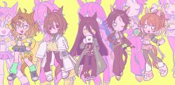  5girls ;) agnes_tachyon_(tach-nology)_(umamusume) agnes_tachyon_(umamusume) animal_ears betti_(xx_betti) black_jacket black_pants black_pantyhose blue_shoes blue_skirt chibi coat cup dantsu_flame_(center_spotlight)_(umamusume) dantsu_flame_(umamusume) fuji_kiseki_(shooting_star_revue)_(umamusume) fuji_kiseki_(umamusume) full_body highres holding holding_cup horse_ears horse_girl jacket jungle_pocket_(champion's_battle_cry)_(umamusume) jungle_pocket_(umamusume) legs_apart long_hair manhattan_cafe_(creeping_black)_(umamusume) manhattan_cafe_(umamusume) medium_hair multiple_girls navel one_eye_closed open_mouth outstretched_arms pants pantyhose shoes skirt smile umamusume white_coat yellow_background 
