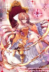  1girl bow brown_hair chair copyright_notice crossed_legs detached_sleeves dress dress_bow frilled_dress frills hair_behind_ear hair_bow highres honoka_chiffon leg_ribbon long_hair nanaya_(z/x) off-shoulder_dress off_shoulder official_art on_chair orange_dress orange_eyes pink_bow ribbon sitting solo sparkle throne white_bow white_ribbon z/x 
