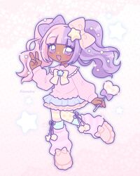  1girl absurdres asymmetrical_legwear blunt_bangs bow bowtie candy commentary dark-skinned_female dark_skin english_commentary fairy_kei food footwear_bow frilled_sailor_collar frills full_body hair_bow hair_ornament heart heart-shaped_food heart-shaped_lollipop highres holding holding_candy holding_food holding_lollipop houkiboshii layered_skirt leg_warmers lollipop long_hair long_sleeves looking_at_viewer mismatched_legwear multicolored_hair open_mouth original pantyhose pink_hair pleated_skirt polka_dot polka_dot_bow polka_dot_pantyhose polka_dot_shirt purple_hair sailor_collar shaped_lollipop shirt skirt smile socks solo split-color_hair standing standing_on_one_leg star_(symbol) star_hair_ornament striped_clothes striped_leg_warmers striped_pantyhose twintails v violet_eyes 