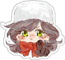  +_+ 1girl blush bow brown_gloves brown_hair commentary earrings english_commentary fur_hat gloves hat head_only jewelry looking_at_viewer nose_blush parted_lips pointing pointing_at_viewer red_bow rosa_(tears_of_themis) senikuuu1114 simple_background solo tears_of_themis v-shaped_eyebrows white_background white_hat yellow_eyes 