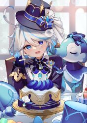  1girl :d ahoge black_gloves blue_eyes blue_gemstone blue_hat blue_pupils blue_streaks colored_inner_hair commentary_request drinking_straw drop-shaped_pupils fork furina_(genshin_impact) gem genshin_impact gentilhomme_usher gloves hair_between_eyes hand_up hat head_tilt heterochromia highres holding holding_fork long_sleeves looking_at_viewer mademoiselle_crabaletta medium_hair multicolored_hair open_mouth sitting smile solo streaked_hair surintendante_chevalmarin symbol-shaped_pupils teardrop-shaped_gem white_hair yu_ri_0320 