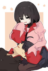  1boy 1girl :d araragi_koyomi black_eyes black_hair black_jacket black_necktie black_pantyhose black_shirt black_skirt bob_cut border collared_shirt commentary dress_shirt empty_eyes gakuran hair_between_eyes hair_over_one_eye hand_to_own_mouth hands_on_another's_head highres jacket juliet_sleeves lap_pillow long_sleeves lying monogatari_(series) naoetsu_high_school_uniform necktie on_back on_ground open_mouth orange_background oshino_ougi pale_skin pantyhose parted_lips pink_shirt pleated_skirt puffy_sleeves red_trim school_uniform seiza shirt short_hair simple_background sitting skirt sleeves_past_fingers sleeves_past_wrists smile sweat tsugumi_(tgm_615486) turtleneck very_long_sleeves white_border 