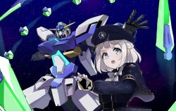  1girl aqua_eyes belt black_belt black_capelet black_hat black_shirt black_skirt blue_eyes bow bowtie capelet crossover funnels_(gundam) gakuen_idolmaster gold_trim grey_hair gundam gundam_age gundam_age-fx hat highres holding humanoid_robot idolmaster kagarimi katsuragi_lilja medium_hair mobile_suit open_mouth robot shirt skirt space teeth upper_body upper_teeth_only v-fin white_bow white_bowtie 