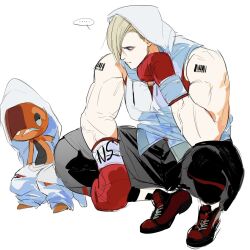  ... 1boy alsonotdon barcode barcode_tattoo black_pants blonde_hair blue_eyes boxing_gloves drawstring ed_(street_fighter) elbow_on_knee elbow_rest frown full_body gloves highres hood hood_up hoodie looking_at_another looking_to_the_side male_focus mega_scrafty muscular muscular_male official_alternate_costume pants pokemon pokemon_(creature) red_gloves red_shoes scrafty shoes short_hair shoulder_tattoo simple_background sketch sleeveless sleeveless_hoodie speech_bubble spoken_ellipsis street_fighter street_fighter_6 tattoo teeth white_background 