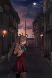  1girl ahoge aqua_bow aqua_bowtie asashimo_(kancolle) asashimo_kai_ni_(kancolle) asymmetrical_legwear bow bowtie clouds collared_shirt cowboy_shot dress_shirt dusk gradient_sky grey_eyes grey_hair hair_over_one_eye highres house kantai_collection kuragare lamppost lantern long_hair mismatched_legwear mismatched_thighhighs ponytail power_lines purple_skirt road scenery school_uniform shirt skirt sky solo street summer_uniform white_shirt 