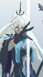  1girl black_gloves blue_eyes fate/grand_order fate_(series) gloves hair_between_eyes highres long_hair looking_at_viewer morgan_le_fay_(fate) morgan_le_fay_(queen_of_winter)_(fate) plimastos ponytail simple_background solo spikes white_hair 