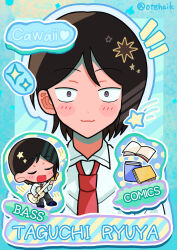  1boy :3 bass_guitar black_hair blue_theme blush book character_name chibi closed_eyes collared_shirt commentary_request dress_shirt full_body futsuu_no_keion-bu heart highres holding holding_bass_guitar holding_instrument instrument looking_at_viewer male_focus motion_lines multiple_views necktie no_strings otehaik pants portrait red_necktie romaji_text shirt short_hair sparkle star_(symbol) taguchi_ryuuya u_u violet_eyes white_shirt 