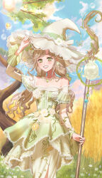  1girl absurdres bead_necklace beads blue_sky bow brooch broom brown_hair butterfly_hat_ornament center_frills clouds collarbone commentary_request cowboy_shot day dot_nose dress dress_flower earrings eyelashes eyeshadow flower flower_brooch flower_earrings frilled_headwear frills gem grass green_dress green_eyes green_gemstone green_hat grin hair_flower hair_ornament hand_on_headwear happy hat hat_bow hat_flower hat_ornament highres holding holding_broom house in-universe_location infinity_nikki jewelry kohanai_setsuna lace-trimmed_dress lace_trim layered_sleeves light_blush lipstick long_dress long_hair long_sleeves low_twintails makeup necklace nikki_(series) off-shoulder_dress off_shoulder outdoors parted_bangs pink_eyeshadow plant rainfall_&amp;_blossoms_(infinity_nikki) red_lips see-through_clothes see-through_sleeves short_over_long_sleeves short_sleeves sidelocks sky smile solo standing tree twintails very_long_hair vines wavy_hair wheat white_bow white_flower witch witch_hat 
