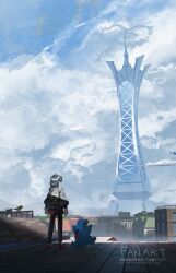  1boy arms_at_sides asteroid_ill bird black_hair black_hat black_jacket black_pants building clouds cloudy_sky commentary day fangs fanny_pack from_behind hat highres jacket long_sleeves lumiose_city on_rooftop open_mouth outdoors pants paxton_(pokemon) pidgey pokemon pokemon_(creature) pokemon_legends:_z-a prism_tower ralts rooftop scenery shoes short_hair sky smile standing striped_hat totodile tower watermark wide_shot 