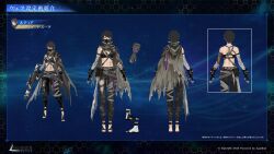  1girl absurdres bandaged_arm bandaged_leg bandages bare_shoulders bikini bikini_top_only black_bikini black_gloves black_hair black_mask black_pants black_sandals breasts character_name chest_strap concept_art facing_viewer final_fantasy final_fantasy_vii final_fantasy_vii_ever_crisis fingerless_gloves from_behind full_body gloves grey_scarf highres lucia_lin lucia_lin_(desperado_chic) mask medium_breasts midriff mouth_mask multiple_views official_alternate_costume official_art open-toe_shoes pants pantyhose sandals scarf short_hair solo square_enix swimsuit torn_clothes torn_pantyhose 