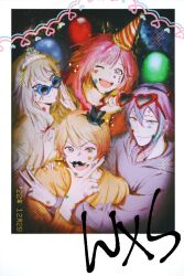  2boys 2girls balloon blonde_hair blue_hair clenched_teeth closed_mouth commentary double-parted_bangs fake_facial_hair fake_mustache fingernails hair_between_eyes hand_up hat heart heart-shaped_eyewear highres hood hoodie kamishiro_rui kusanagi_nene long_hair long_sleeves looking_at_viewer multicolored_hair multiple_boys multiple_girls one_eye_closed ootori_emu open_mouth outstretched_hand party_hat pink_eyes pink_hair polaroid_photo project_sekai purple_hair short_hair smile sticker sticker_on_face sticker_on_hand streaked_hair sweater teeth tenma_tsukasa toupou39 two-tone_hair upper_body upper_teeth_only v violet_eyes wonderlands_x_showtime_(project_sekai) yellow_eyes 