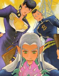  3boys bag belt black_hair blue_eyes coat commentary day diamond_wa_kudakenai face_piercing from_below green_eyes grey_hair hand_on_own_hip hazekura_mikitaka higashikata_josuke highres holding holding_bag jacket jojo_no_kimyou_na_bouken long_hair long_sleeves male_focus multicolored_hair multiple_belts multiple_boys nijimura_okuyasu nose_piercing outdoors piercing pointy_ears pompadour scar scar_on_face shuaitofu sky smile sparkle stand_(jojo) stray_cat_(jojo) symbol-only_commentary undercut violet_eyes white_hair yellow_sky 