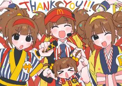  &gt;_&lt; 4girls :d :o ^_^ absurdres ahoge black_eyes blue_necktie blunt_bangs blush_stickers brown_hair closed_eyes collared_shirt commentary_request double_bun facing_viewer hair_bobbles hair_bun hair_ornament hairband hamafugu hat headset highres holding holding_sword holding_weapon imadake_dabuchi_tabemi imadake_tsukimi_tabemi japanese_clothes kimono looking_at_viewer mcdonald&#039;s multiple_girls necktie open_mouth red_hairband red_hat samurai_tamago_tabemi shirt short_hair smile striped_clothes striped_shirt sword thank_you two_side_up upper_body visor_cap weapon white_background white_shirt yellow_kimono 