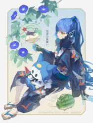  1boy alternate_costume androgynous blue_flower blue_hair border character_print chinese_text decarabia_(megami_tensei) demon_(megami_tensei) flower food forneus_(megami_tensei) geta high_ponytail highres holding holding_paddle jack_frost_(megami_tensei) japanese_clothes kimono long_hair male_focus outside_border paddle ponytail popsicle protagonist_(smtv) shin_megami_tensei shin_megami_tensei_v sitting smoke toes translation_request very_long_hair watermelon_bar white_border yellow_eyes za210n zhu_tun_she_(megami_tensei) 