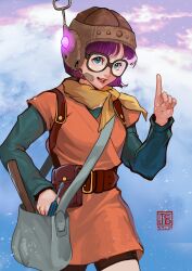  1girl absurdres bag belt bike_shorts black_shirt black_shorts blue_background blue_eyes blunt_bangs breasts brown_belt chrono_trigger cowboy_shot dated fumezu1 glasses grey_background headset helmet highres lucca_ashtear medium_breasts neckerchief open_mouth orange_tunic parted_bangs pointing pointing_up purple_hair shirt short_hair shorts shoulder_bag smile solo suspenders tunic yellow_neckerchief 