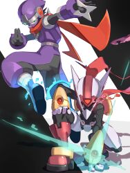  2boys absurdres armor black_background double_soul_(mega_man) forehead_jewel full_body helmet highres in-franchise_crossover kuji-in male_focus mega_man_(series) mega_man_battle_network_(series) mega_man_zx mega_man_zx_advent model_p_(mega_man) multiple_boys ninja omochi_(mochi_skymega) pants purple_armor purple_helmet purple_pants purple_shirt red_scarf scarf shadowman.exe shirt shuriken siarnaq_(mega_man) simple_background weapon white_background 
