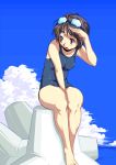  brown_eyes brown_hair cloud clouds curvy goggles goggles_on_head legs one-piece_swimsuit original ryuuseiken_hogan school_swimsuit shading_eyes short_hair sitting sky swimsuit tetrapod 