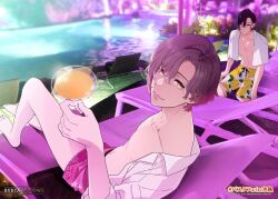  2boys barefoot beach_chair black_hair blue_eyes bustafellows cup food_print fruit_print grey_hair helvetica_(bustafellows) highres holding holding_cup lemon_print looking_at_viewer male_focus male_swimwear mozu_(bustafellows) multicolored_hair multiple_boys official_art open_clothes open_shirt photo_background pink_light pink_shorts plant pool print_shorts shorts sumeragi_kohaku towel towel_around_neck two-tone_hair wet 