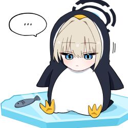  ... 1girl animal_costume blonde_hair blue_archive blue_eyes blush cosplay fish halo ice_floe jamongssui kigurumi penguin_costume simple_background sitting solo speech_bubble spoken_ellipsis toki_(blue_archive) white_background 