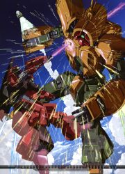  1990s_(style) absurdres aeug asshimar battle cable calendar_(medium) clouds cloudy_sky contrail damaged debris destruction duel energy_sword flying gundam highres liftoff machinery matsui_akira mecha mecha_focus mobile_suit no_humans official_art one-eyed radio_antenna retro_artstyle rick_dias robot rocket scan scene_reference science_fiction sky spoilers stab sword titans_(gundam) victory weapon zeta_gundam 