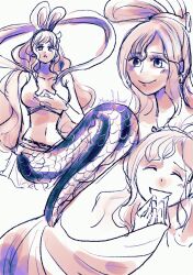  1girl ^_^ bikini bikini_top_only blush closed_eyes commentary earrings eyelashes hagoromo half_updo highres jewelry mermaid monster_girl multiple_views navel one_piece shawl shirahoshi sidelocks signature smile swimsuit symbol-only_commentary ysnfjkw 