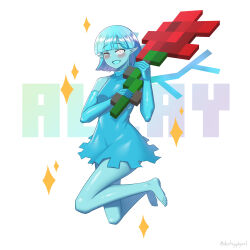  1girl absurdres allay aqua_dress aqua_hair aqua_skin bare_legs barefoot blush character_name colored_skin destinyplayer1 dress elbow_gloves flower gloves highres holding holding_flower medium_hair minecraft one_eye_closed open_mouth personification pointy_ears red_flower sleeveless sleeveless_dress smile solo sparkle white_eyes 