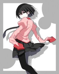  1girl absurdres artist_name black_eyes black_hair black_necktie black_pantyhose black_skirt border circle closed_mouth clothes_lift collared_shirt commentary dated dress_shirt drop_shadow empty_eyes feet_out_of_frame floating_hair floating_neckwear from_behind from_side grey_background grey_border hair_between_eyes highres initial juliet_sleeves long_sleeves looking_at_viewer looking_back looking_to_the_side manimani_(mani_ma) monogatari_(series) naoetsu_high_school_uniform narrowed_eyes necktie oshino_ougi pale_skin pantyhose pink_shirt pleated_skirt puffy_sleeves red_trim school_uniform shirt short_hair signature skirt skirt_lift sleeves_past_fingers sleeves_past_wrists smile solo spinning symbol-only_commentary very_long_sleeves white_background 