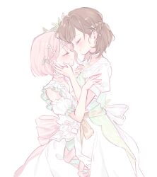  1girl 1other akiyama_mizuki arm_garter back_bow bow braid brown_hair choker closed_eyes closed_mouth collared_dress commentary cowboy_shot cross-laced_clothes cross-laced_dress dress face-to-face facing_another flower flower_ring forehead-to-forehead from_side hair_flower hair_ornament half_up_half_down_braid hand_on_another&#039;s_arm hand_on_another&#039;s_face hands_up happy_tears heads_together kizu_darake_no_te_de_watashi-tachi_wa_(project_sekai) leaf_hair_ornament mipi_(u3u_00) official_alternate_costume official_alternate_hair_length official_alternate_hairstyle orange_ribbon other_with_female parted_bangs pink_bow pink_hair profile project_sekai puffy_short_sleeves puffy_sleeves ribbon see-through_clothes shinonome_ena short_hair short_sleeves simple_background sleeveless sleeveless_dress smile tearing_up tears white_background white_bow white_choker white_dress 