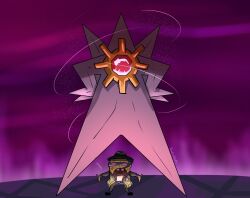  alien black_hat black_pants buck_teeth colored_skin crossover gem green_jacket hands_on_own_hips hat highres jacket long_legs mega_pokemon mega_starmie meme movie_reference no_eyes no_humans o'donnis pants pokemon_(creature) pokemon_focus purple_skin red_gemstone sponge spongebob_squarepants spongebob_squarepants_(series) starfish starmie teeth the_spongebob_squarepants_movie yellow_skin 