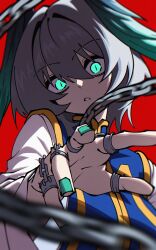  1girl absurdres aqua_eyes aqua_nails arknights blue_tabard chain cosplay dryegen feathered_wings grey_hair hair_between_eyes head_wings highres ho&#039;olheyak_(arknights) hunter_x_hunter jewelry kurapika kurapika_(cosplay) long_sleeves looking_at_viewer multiple_rings parted_lips red_background ring shirt slit_pupils solo tabard upper_body white_shirt wide_sleeves wings 