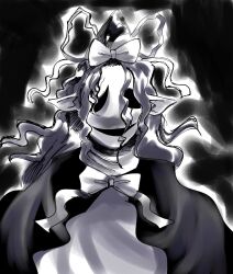  1boy capelet commentary cosplay english_commentary hat highres hollow_eyes hollow_mouth long_hair mima_(touhou) mima_(touhou)_(cosplay) monochrome scar_across_eyes smile solo sun_print touhou touhou_(pc-98) undertale utdr_(toby_fox) w.d._gaster wizard_hat yunarukami 