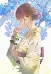  1girl branch brown_hair closed_eyes closed_mouth commentary_request crack crying dissolving flower from_side fujiwara_mizuki green_flower hair_bun highres holding holding_flower japanese_clothes kimono long_sleeves obi original sash solo tears white_kimono wide_sleeves 
