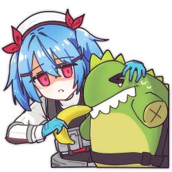  1boy 1girl banana blue_gloves blue_hair colphne_(girls'_frontline_2) english_commentary food fruit girls'_frontline_2:_exilium girls_frontline gloves gun hair_between_eyes hair_ornament hairclip hat holding holding_food holding_gun holding_weapon load_bearing_vest looking_at_viewer lowres mr._pizza_(girls'_frontline_2) nervous_sweating nurse_cap parted_lips red_eyes red_ribbon ribbon rishe_(reeeeshe) stuffed_dinosaur sweat tearing_up threat transparent_background upper_body weapon white_hat 
