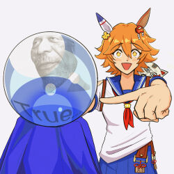  1girl blue_sailor_collar blush crystal_ball english_text highres johnholl0w looking_at_viewer matikanefukukitaru_(rising_fortune)_(umamusume) matikanefukukitaru_(umamusume) meme morgan_freeman neckerchief open_mouth orange_hair pleated_skirt pointing pointing_at_object red_neckerchief sailor_collar school_uniform serafuku short_hair skirt smile solo sparkling_eyes symbol-shaped_pupils true..._(meme) umamusume 