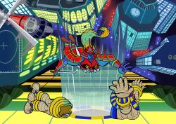  absurdres anakaris bishamon_(darkstalkers) capcom cityscape darkstalkers fighting ghost highres holding holding_sword holding_weapon mummy non-web_source red_eyes sword weapon 