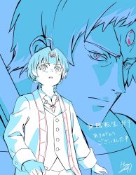  2boys ahoge amulet close-up forehead_jewel highres hone_honehone lineart looking_at_another male_focus mole mole_under_eye monochrome_background multiple_boys mushoku_tensei rudeus_greyrat ruijerd_superdia scar scar_on_face simple_background sketch surprised 