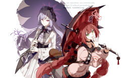  1other 2girls animal animal_on_back bingzhen_h2o black_hat black_nails black_sailor_collar bow bowtie braid braided_twintails breast_curtains cardigan center_frills charm_(object) closed_mouth collarbone commentary_request covering_own_mouth drill_hair frills gem green_eyes grin hair_between_eyes hair_ornament hair_ribbon hairband hat hearing_aid highres holding holding_umbrella kamanosuke_(zenless_zone_zero) long_hair looking_at_viewer mole mole_under_eye multiple_girls multiple_hair_ribbons pink_cardigan pointy_ears purple_bow purple_bowtie purple_gemstone purple_hair purple_hairband purple_umbrella red_hair red_umbrella ribbon sailor_collar shrug_(clothing) sideboob_cutout smile sphere_hair_ornament tanuki ukinami_yuzuha umbrella vivian_banshee white_background white_ribbon white_shrug zenless_zone_zero 