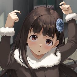  1girl :o absurdres arms_up black_hair blush brown_coat brown_eyes coat commentary_request flower fur-trimmed_coat fur_trim hair_flower hair_ornament highres hyakusyo69 indoors make_heroine_ga_oo_sugiru! nukumizu_kaju solo upper_body winter_clothes winter_coat 