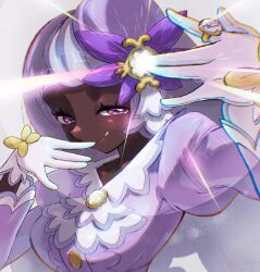  1girl arm_up ascot breasts brooch center_frills dark-skinned_female dark_skin dress fascinator frilled_ascot frilled_sleeves frills gloves glowing glowing_gem h_renah hair_ornament hand_to_own_mouth hand_up jacinthe_(pokemon) jewelry juliet_sleeves light_blush long_hair long_sleeves looking_at_viewer mega_stone pokemon pokemon_legends:_z-a puffy_sleeves purple_dress purple_hair ring smile solo tongue tongue_out upper_body very_dark_skin violet_eyes white_gloves 