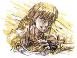  1boy armor artist_name blonde_hair dated dominic_ian_cabatit earrings fate/grand_order fate_(series) fingerless_gloves gloves green_eyes highres jason_(fate) jewelry male_focus open_mouth short_hair smile solo traditional_media watermark 