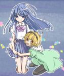  blonde_hair blue_hair erino furude_rika higurashi_no_naku_koro_ni houjou_satoko hug kneeling multiple_girls pantyhose red_eyes 