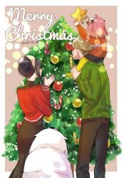  1boy 2girls ahoge anya_(spy_x_family) black_dress black_hair black_pantyhose black_skirt blonde_hair bond_(spy_x_family) border brown_background candy candy_cane carrying child christmas_ornaments christmas_tree dated dog dress earrings facing_away feet_out_of_frame food from_behind gold_earrings green_sweater hairband hairpods highres holding_ornament jewelry long_dress long_hair medium_hair merry_christmas multiple_girls own_hands_together pantyhose piggyback pink_hair red_sweater short_hair sidelocks skirt smile spy_x_family sweater twilight_(spy_x_family) umini_ikukara updo white_border white_hairband yellow_pantyhose yor_briar 