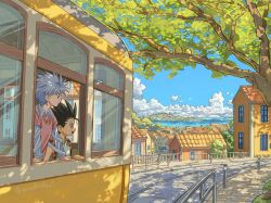  2boys alternate_costume black_hair building bus closed_mouth clouds collared_shirt commentary_request gon_freecss goodkids_1 house hunter_x_hunter killua_zoldyck layered_sleeves long_sleeves looking_outside male_focus motor_vehicle multiple_boys ocean open_mouth outdoors pink_shirt railing scenery shirt short_hair short_over_long_sleeves short_sideburns short_sleeves sky smile stone_walkway tree twitter_username water white_hair wing_collar 