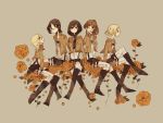  5girls annie_leonhardt arm_support black_hair blonde_hair blush boots brown_hair christa_renz crossed_legs flower food food_on_face freckles ie_(niwaniwa) jacket knee_boots long_hair looking_at_viewer mikasa_ackerman multiple_girls ponytail sasha_browse sepia_background shingeki_no_kyojin short_hair simple_background sitting suspenders ymir_(shingeki_no_kyojin) 