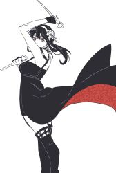  1girl black_boots black_dress black_hair boots breasts dagger dress dual_wielding earrings feet_out_of_frame floral_print floral_print_dress flower hair_between_eyes hair_flower hair_ornament hair_stick hairband high-low_dress highres holding jewelry knife long_hair medium_breasts print_dress red_dress red_eyes sidelocks sketch sleeveless sleeveless_dress solo spy_x_family standing stiletto_(weapon) thigh_boots two-sided_dress two-sided_fabric umini_ikukara updo weapon white_background yor_briar 